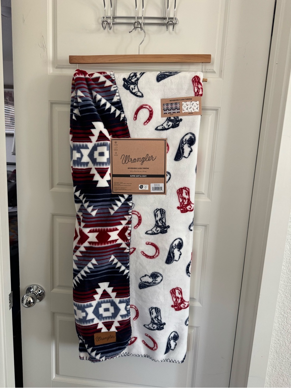 Wrangler Red, White, Navy Reversible Plush Throw Blanket